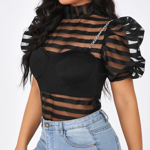 SHEIN | Puff Sleeve Mesh Top (NWT) - Picture 4 of 6